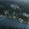 Scenic Forest Surrounded Waterfront With Luxury Villas And Boats On Lake