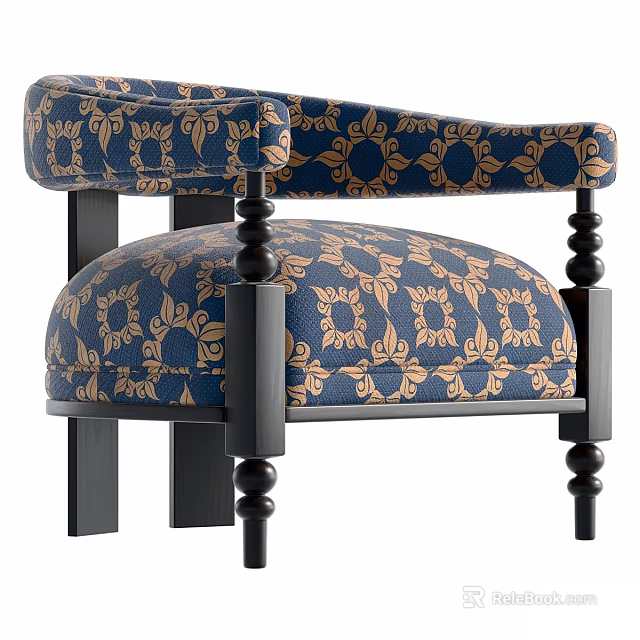 Ornate Blue And Gold Floral Pattern Armchair With Black Wooden Arms And Legs 3d model 