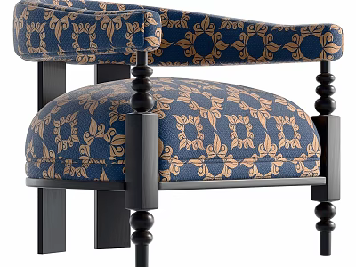 Ornate Blue And Gold Floral Pattern Armchair With Black Wooden Arms And Legs 3d model