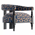 Ornate Blue And Gold Floral Pattern Armchair With Black Wooden Arms And Legs