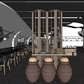 Modern Restaurant Interior Design With Wooden Tables Chairs Decorative Clay Jars And Hanging Ceiling Lights