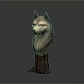 Realistic Wolf Head Sculpture Displayed On Tree Stump Base