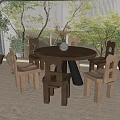Round Wooden Dining Table Set With Six Chairs And Potted Plants In Natural Light