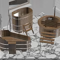 Wooden Storage Racks With Round Oval Design And Silver Metal Bands On Marble Floor