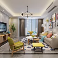Modern Living Room Interior With Gray Sofa Colorful Pillows Wooden Coffee Table And Blue Rug