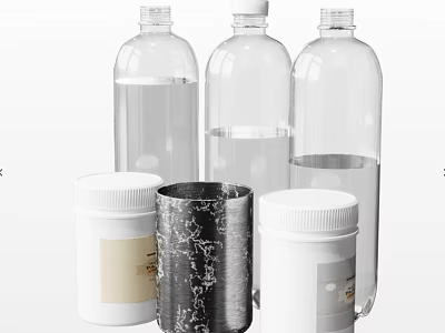 Everyday Household Items Featuring Transparent Plastic Bottles Jars With White Lids And Metal Containers 3d model