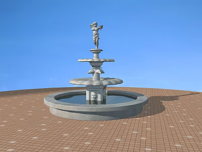 Decorative Tiered Garden Fountain with Statue on Circular Base and Brick Pavement Under Blue Sky 3d model