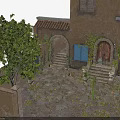 Charming Mediterranean Building With Tower Arched Doorway Blue Shutters Wooden Door Steps And Greenery