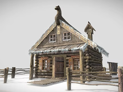Traditional European Log Architecture Featuring Gabled Roof Snow Covered Icicles Wooden Fence And Decorative Windows 3d model