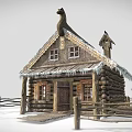 Traditional European Log Architecture Featuring Gabled Roof Snow Covered Icicles Wooden Fence And Decorative Windows