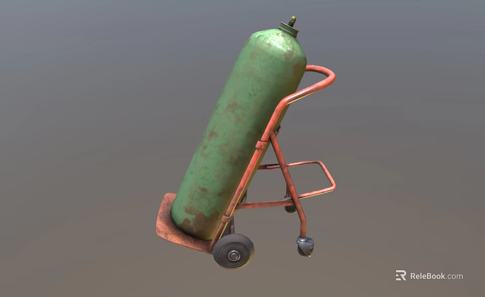 Rusted Green Gas Cylinder on Red Wheeled Cart with Metal Frame 3d model 