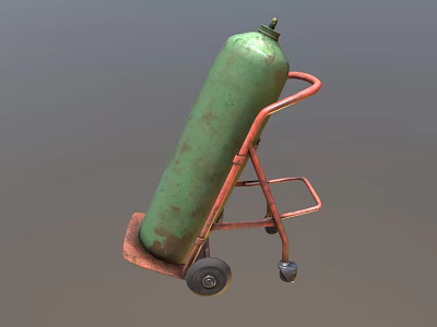Rusted Green Gas Cylinder on Red Wheeled Cart with Metal Frame 3d model