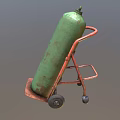 Rusted Green Gas Cylinder on Red Wheeled Cart with Metal Frame