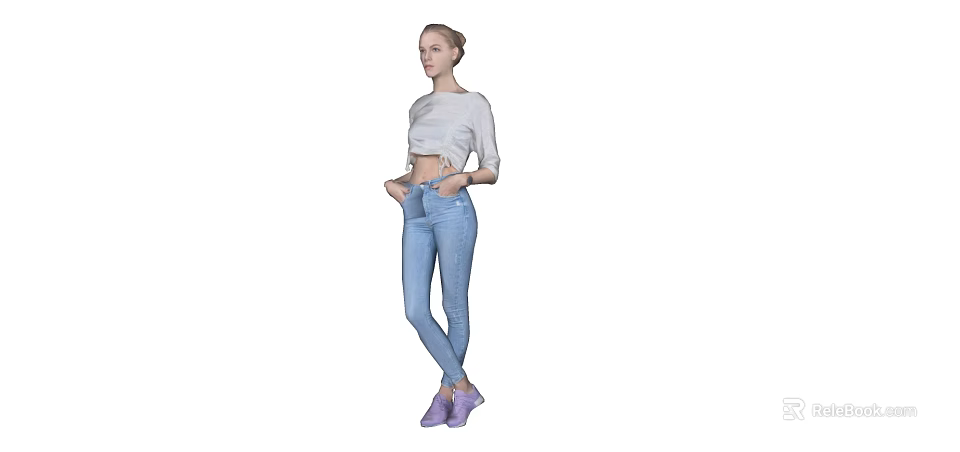 Woman Wearing Casual White Top Blue Jeans And Purple Shoes Standing With Hands In Pockets 3d model 