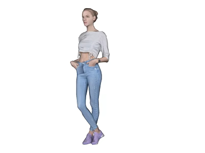 Woman Wearing Casual White Top Blue Jeans And Purple Shoes Standing With Hands In Pockets 3d model