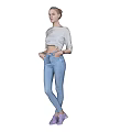Woman Wearing Casual White Top Blue Jeans And Purple Shoes Standing With Hands In Pockets