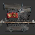 Traditional Carved Wooden Sedan Chair With Red Curtains And Decorative Wheels