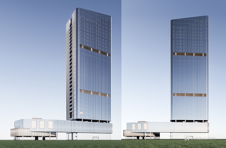 Modern High Rise Office Building Featuring Glass Curtain Wall And Podium Base With Grass Area 3d model 