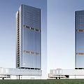 Modern High Rise Office Building Featuring Glass Curtain Wall And Podium Base With Grass Area