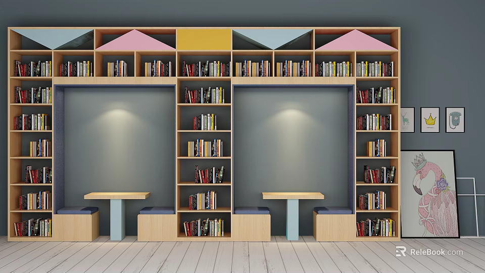 Colorful Bookcase With Triangular Tops Filled With Books And Reading Tables 3d model
