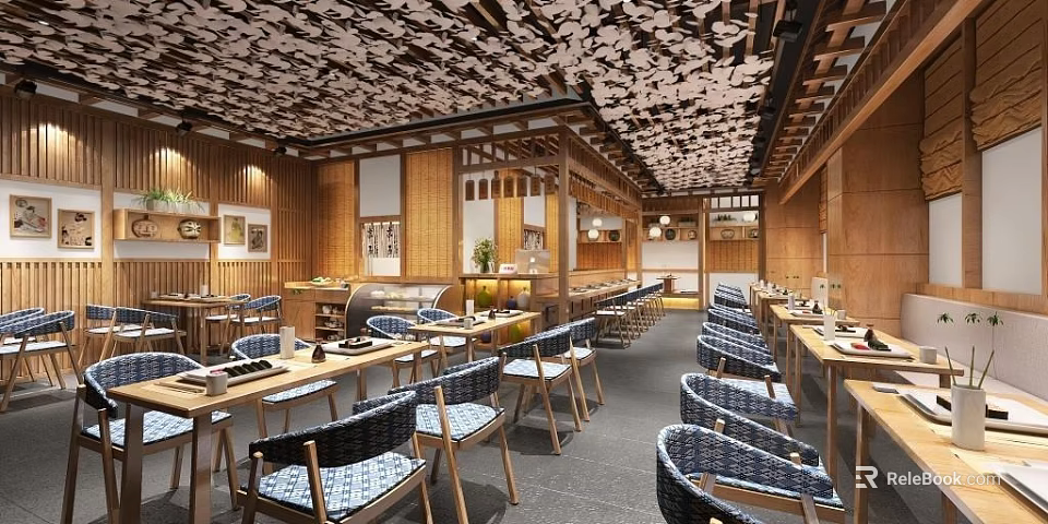 Japanese Style Restaurant Interior With Wooden Walls Ceiling White Origami Cranes And Dining Area 3d model 