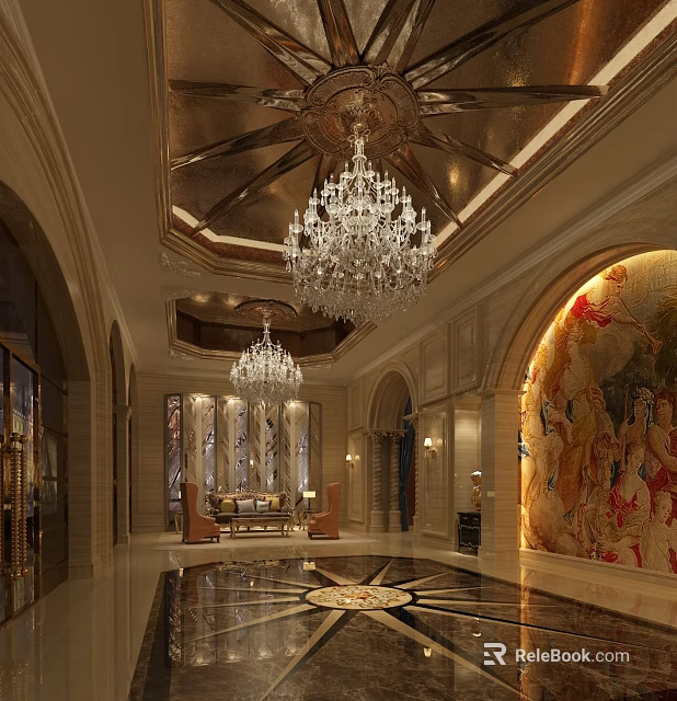 Luxurious Hotel Lobby With Crystal Chandeliers Mural And Marble Floor Design 3d model 