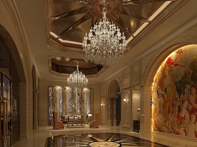 Luxurious Hotel Lobby With Crystal Chandeliers Mural And Marble Floor Design 3d model