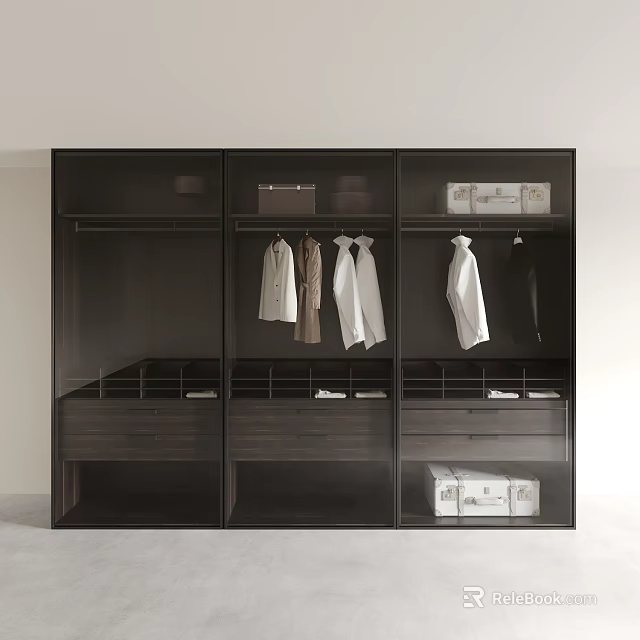Modern Dark Wood Wardrobe With Multiple Compartments Hanging Clothes Drawers And Storage Boxes 3d model 