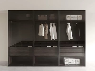 Modern Dark Wood Wardrobe With Multiple Compartments Hanging Clothes Drawers And Storage Boxes 3d model