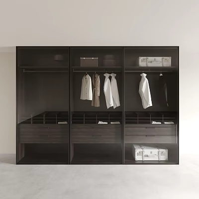 Modern Dark Wood Wardrobe With Multiple Compartments Hanging Clothes Drawers And Storage Boxes 3d model