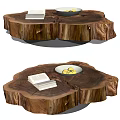 Natural Tree Stump Coffee Table With Wood Grain Texture Stack of Books and Fruit Bowl