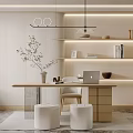 Modern Open Concept Study Room Interior With Wooden Desk Laptop Potted Plant And Floating Shelves