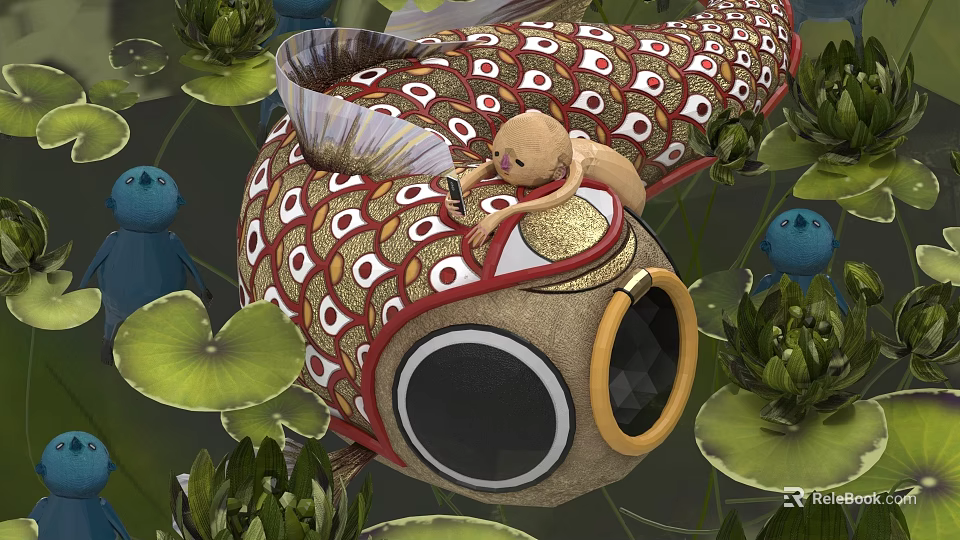 Decorative Red And White Patterned Aquatic Fish With Lily Pads And Small Doll On Back 3d model 