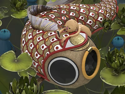 Decorative Red And White Patterned Aquatic Fish With Lily Pads And Small Doll On Back 3d model