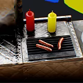 Colorful Striped Umbrella Hot Dog Cart With Condiments And Display Signs