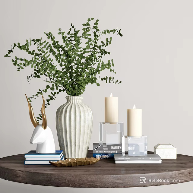 Ribbed White Vase With Green Eucalyptus Branches Deer Figurine Candles And Books 3d model 