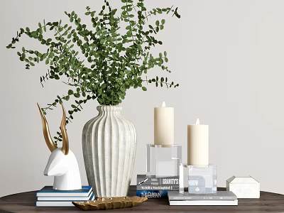 Ribbed White Vase With Green Eucalyptus Branches Deer Figurine Candles And Books 3d model