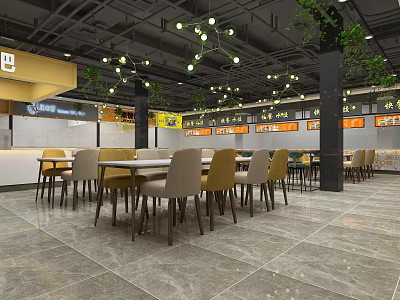 Modern Commercial Street Dining Area With Tables Chairs Hanging Lights And Green Plants 3d model