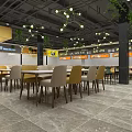 Modern Commercial Street Dining Area With Tables Chairs Hanging Lights And Green Plants