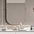 Modern Elegant White Vanity Table with Circular Mirror Striped Wall Lamps Floral Vase Photo Frame