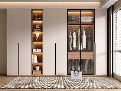 Modern Wardrobe With Glass Doors Hanging Clothes Illuminated Shelves And Storage Compartments 3d model