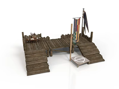 Outdoor Wooden Dock Structure With Steps Colorful Flags And Circular Platform 3d model