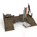 Outdoor Wooden Dock Structure With Steps Colorful Flags And Circular Platform