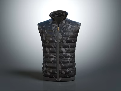 Modern Dark Camouflage Quilted Puffer Vest with Sleeveless Design and Zipper Closure 3d model