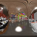 Cyberpunk Style Restaurant Interior with Neon Lights Dining Tables Chairs Green Plants and Decorative Paintings