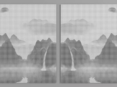 Symmetric Ink Painting Style Mountain Waterfall Moon With Grid Background Design 3d model