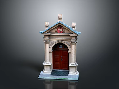 Architectural Entrance Structure With Brown Wooden Door Arched Doorway Cross And Decorative Columns 3d model