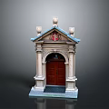 Architectural Entrance Structure With Brown Wooden Door Arched Doorway Cross And Decorative Columns