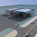 Gas Station With Blue Roof White Building Fuel Pumps And Vehicles Near Road
