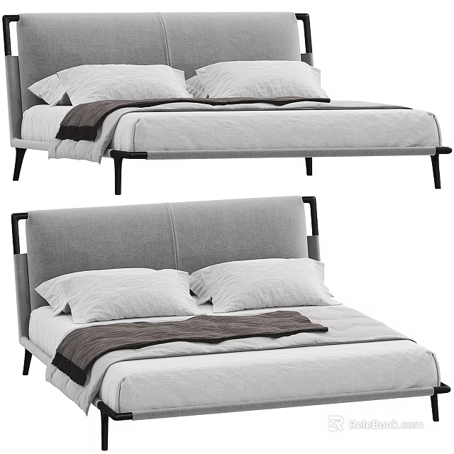 Modern Double Bed with Gray Headboard White Pillows Dark Blanket and Black Frame 3d model 